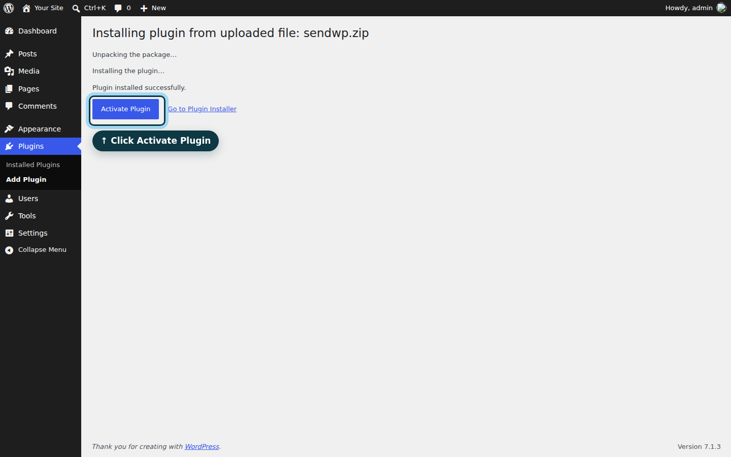 WordPress confirming the SendWP plugin installed successfully, with the Activate Plugin button circled.