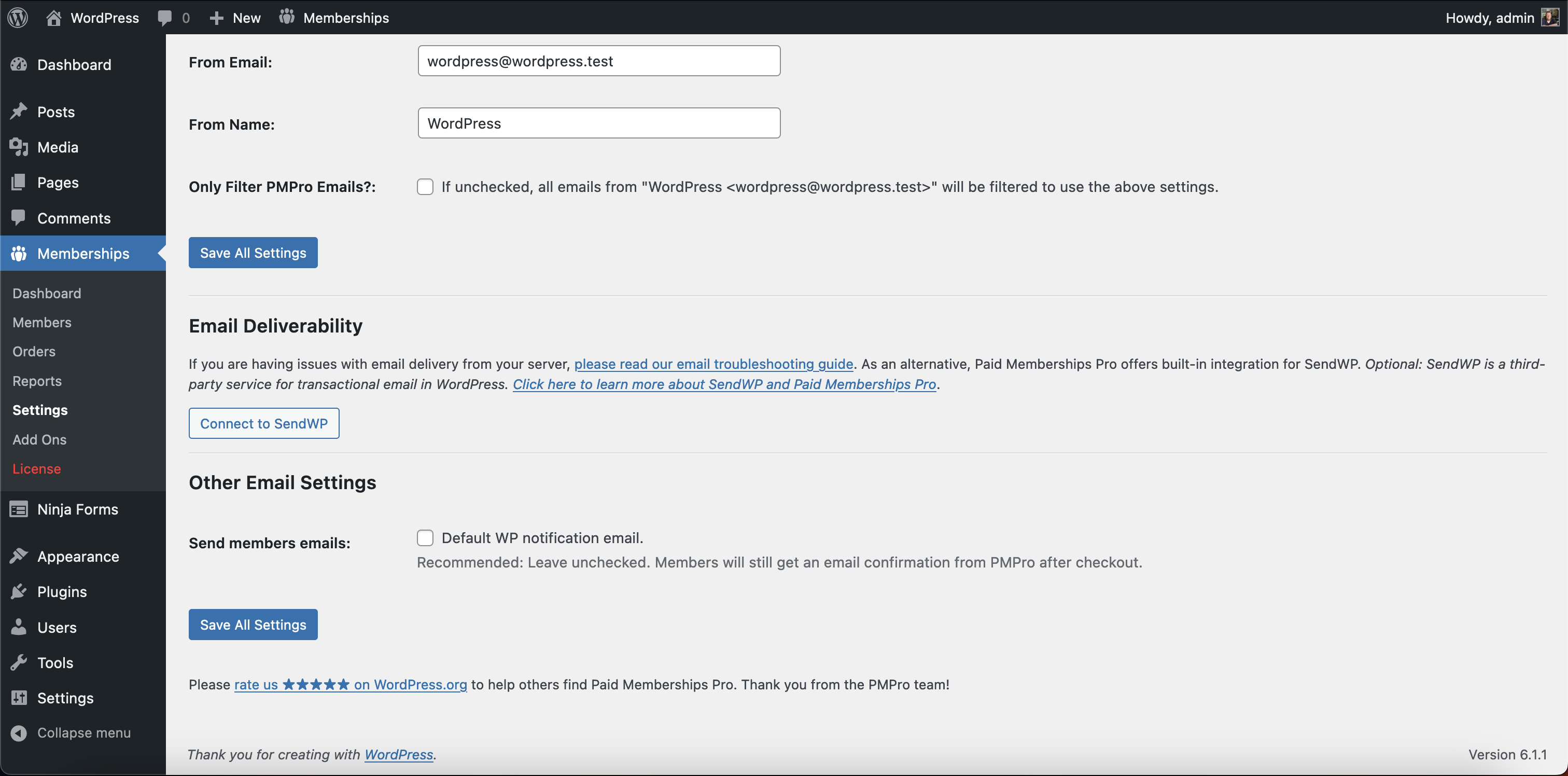 Paid Memberships Pro email settings menu