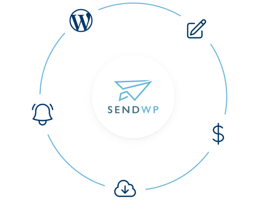 SendWP logo with symbols surrounding it