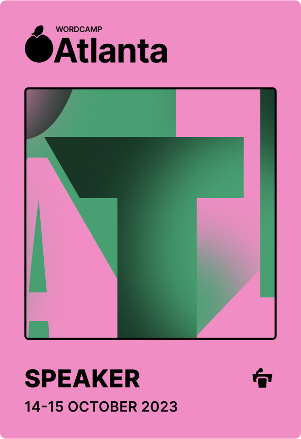 WCATL badge-speaker WordCamp Atlanta speaker badge in green and pink