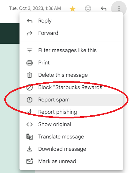 The Report spam option shown in the menu of an open email
