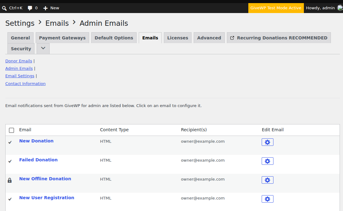 GiveWP's Admin Emails settings, with the New Donation email enabled and sent to the site's admin address