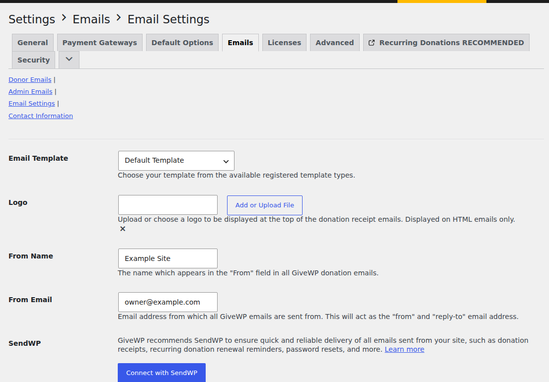 GiveWP's Email Settings screen showing the From Email field and the Connect with SendWP button