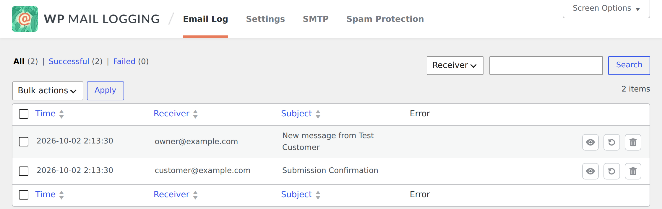 The WP Mail Logging email log showing two rows for one Ninja Forms submission, with nothing in the Error column